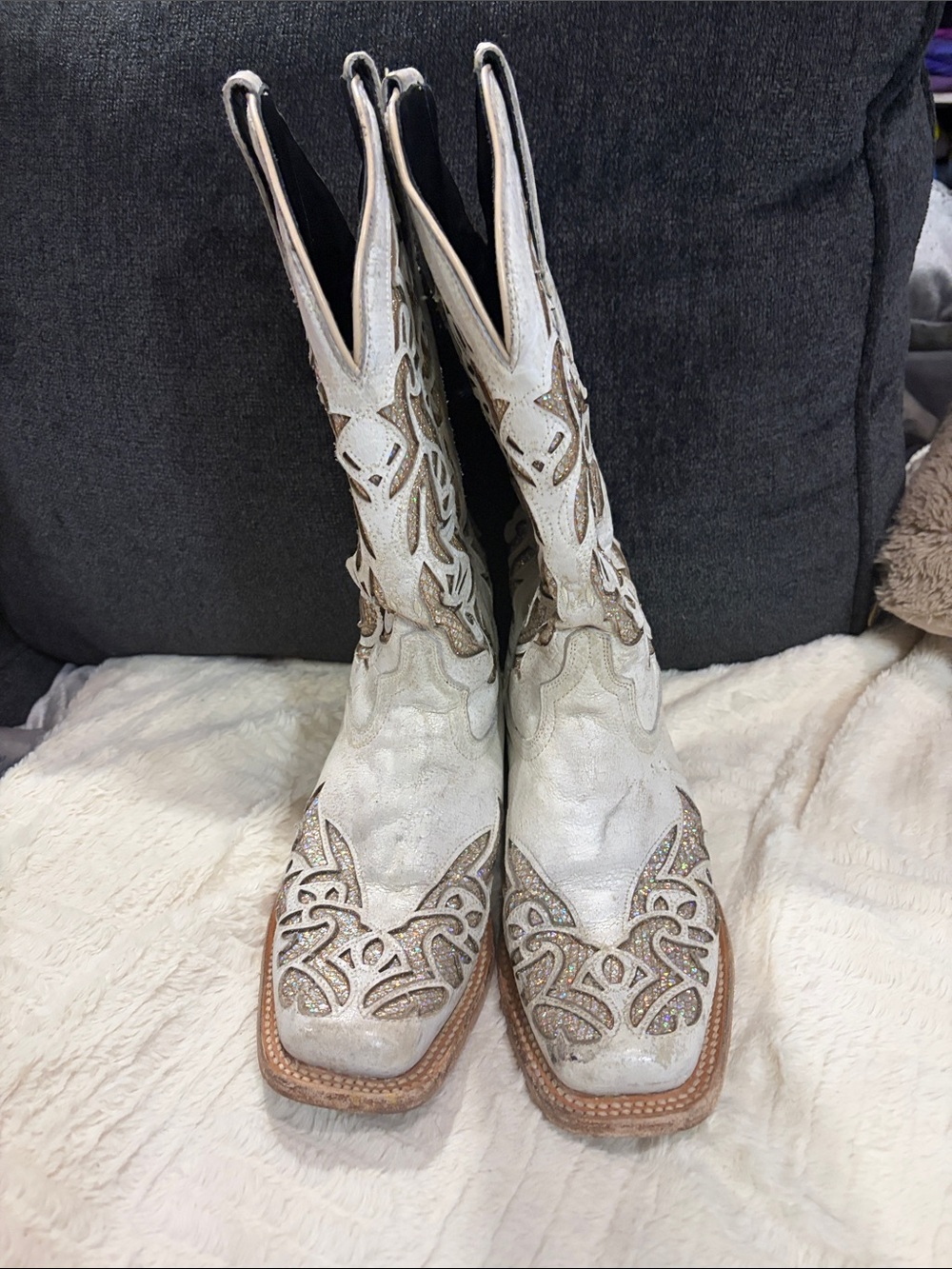 J.B. Dillon White and Tan Embellished Western Heeled Boots